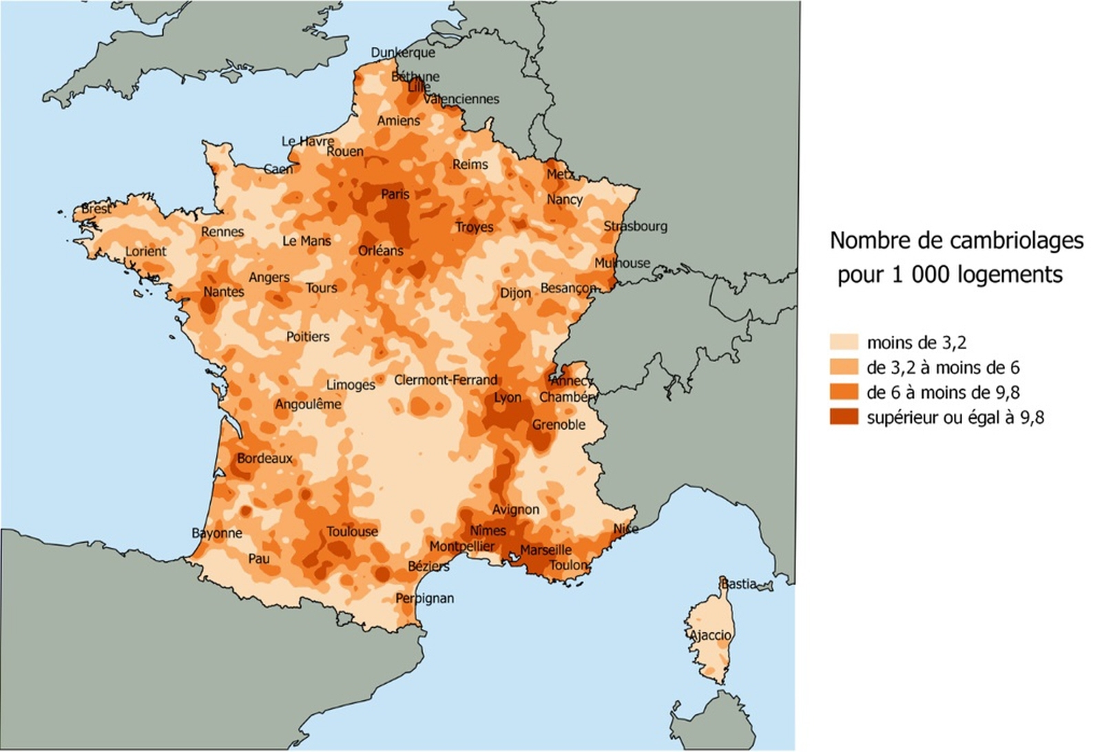 La carte du nombre de cambriolages pour 1000 logements publiée ce mardi par le ministère de l’Intérieur montre que l’intensité des cambriolages est particulièrement forte en Ile de France, dans les régions du Sud et en vallée du Rhône. (infographie : Ministère de l'Intérieur, France)