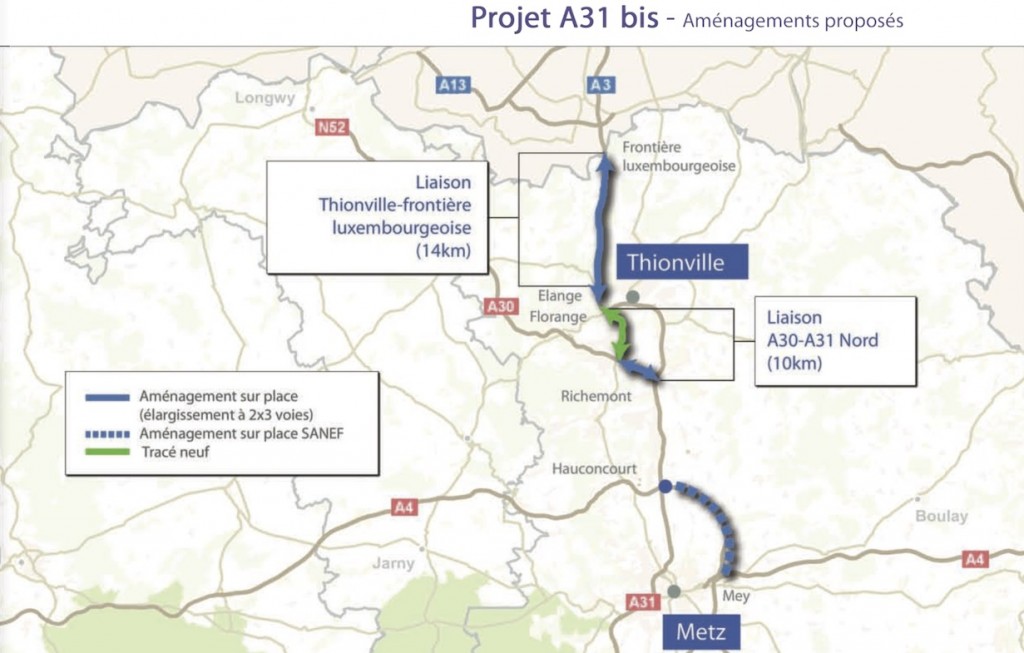 Tracé du projet A31 bis sur la partie située au nord de Metz.