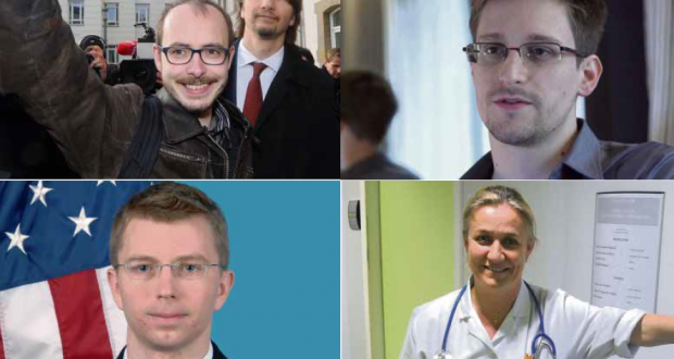 De g. à d. et de h. en b. : les lanceurs d'alerte Antoine Deltour (LuxLeaks), Edward Snowden (écoutes de la NSA), Bradley Manning (câbles diplomatiques américains) et Irène Frachon (Mediator et industrie pharmaceutique).