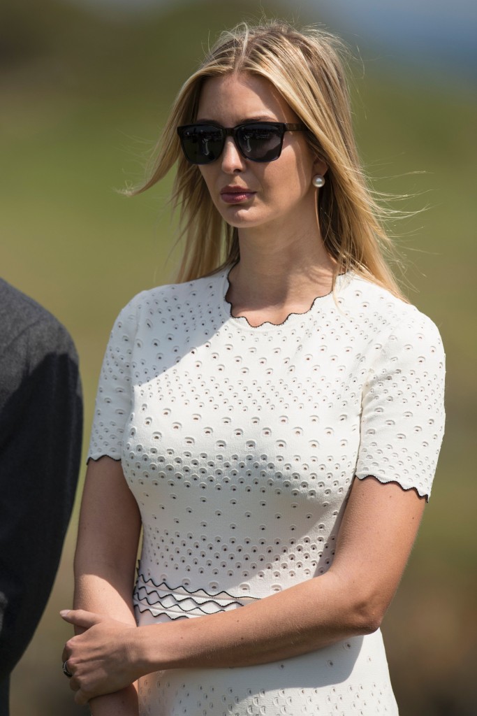 Ivanka Trump, the daughter of Presumptive Republican presidential nominee Donald Trump listens as her father speaks during the official opening of his Trump Turnberry hotel and golf resort in Turnberry, Scotland on June 24, 2016.  Donald Trump hailed Britain's vote to leave the EU as "fantastic" shortly after arriving in Scotland on Friday for his first international trip since becoming the presumptive Republican presidential nominee. / AFP / OLI SCARFF