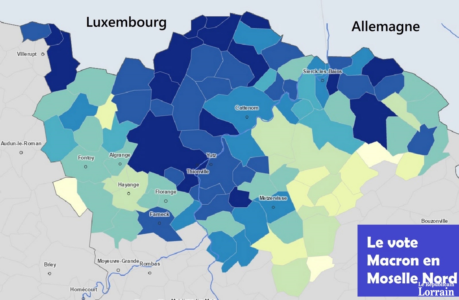 Sur cette carte, plus le bleu est intense, plus Emmanuel Macron a obtenu un bon score dans la commune concernée. On voit bien que les communes à proximité de frontière ont voté massivement pour le nouveau président.