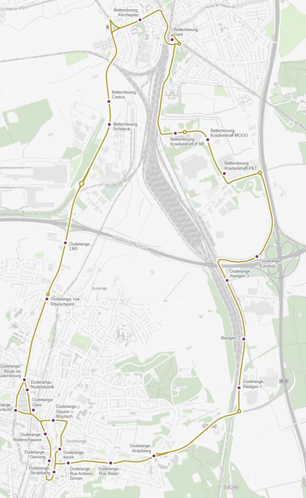 Tracé de la ligne 305. (plan ©Verkéierversbond/mobiliteit.lu)