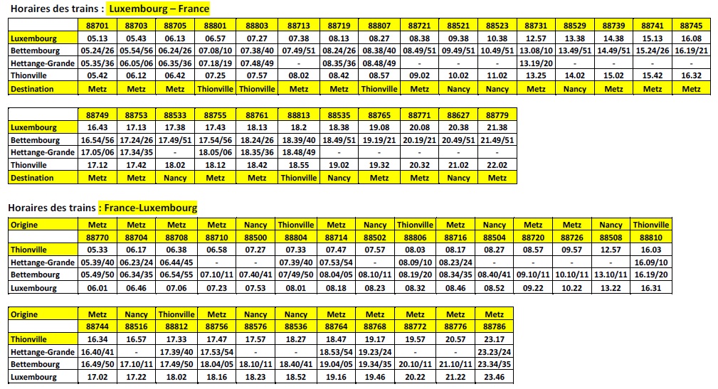 Horaires du 28 février communiqués par les CFL.