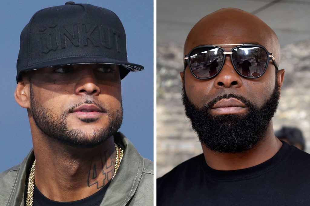  A gauche, Booba, à droite, Kaaris. Les deux rappeurs se sont affrontés dans un aéroport, et sont depuis jugés pour violences aggravées. (Photo : AFP)