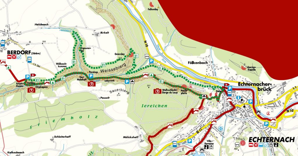 Le parcours (ici en vert), de 12 km environ, fait une boucle entre Echternach (à dr.) et Berdorf.